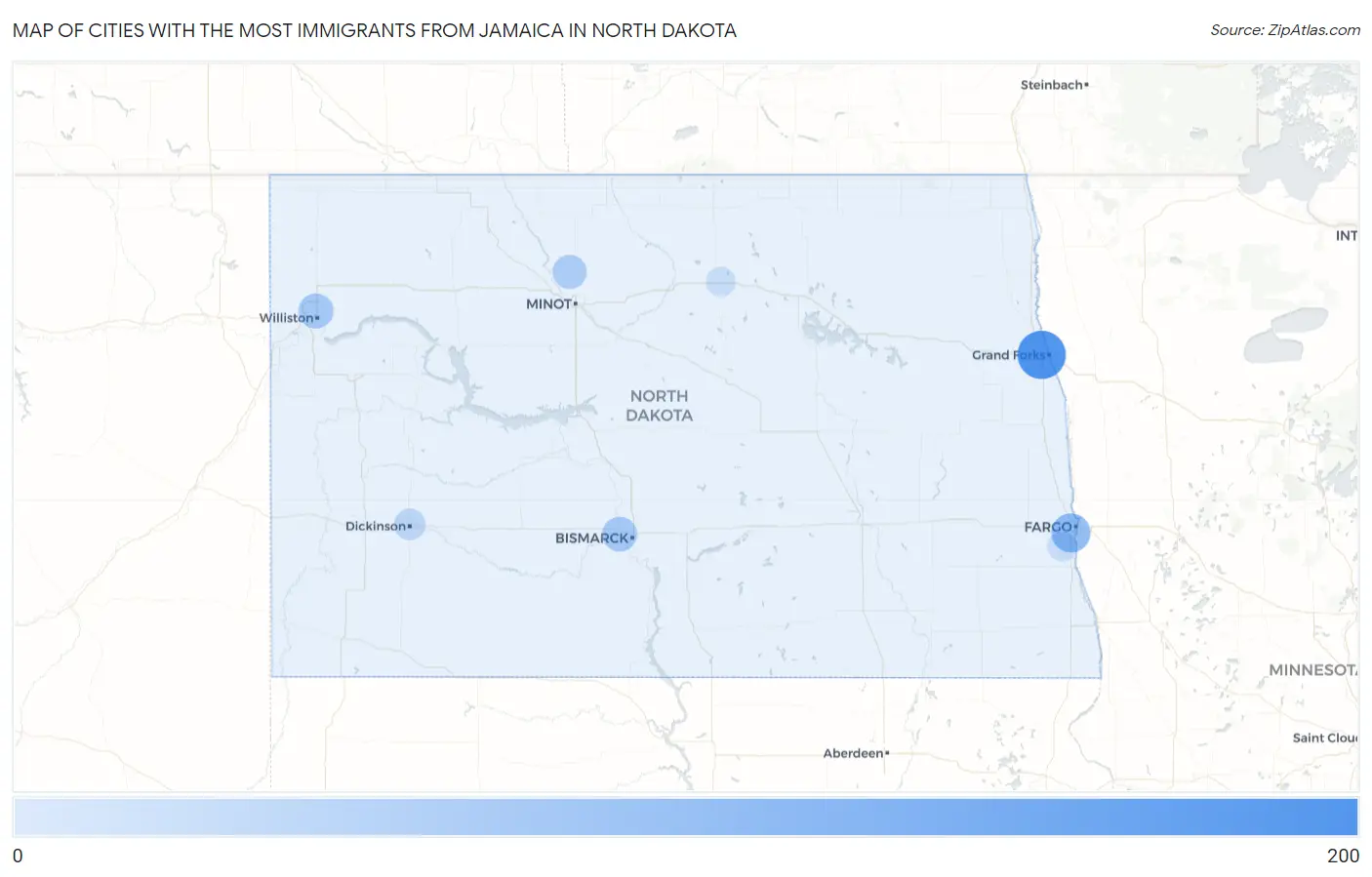 Cities with the Most Immigrants from Jamaica in North Dakota Map