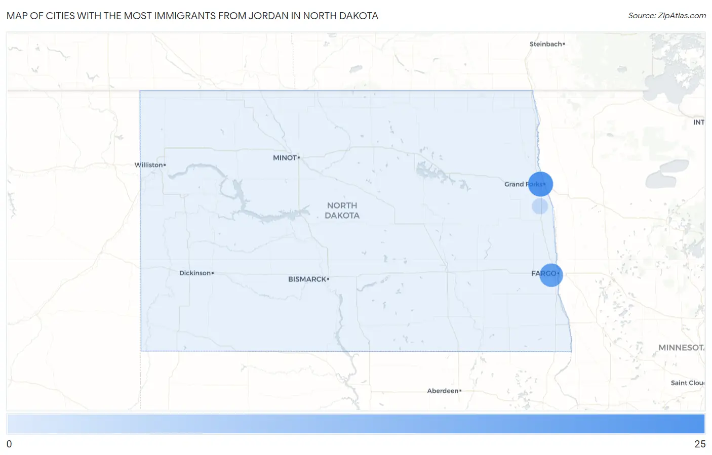 Cities with the Most Immigrants from Jordan in North Dakota Map