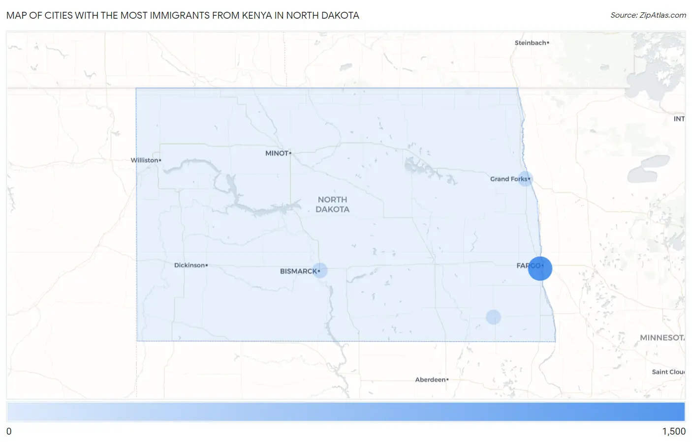 Cities with the Most Immigrants from Kenya in North Dakota Map