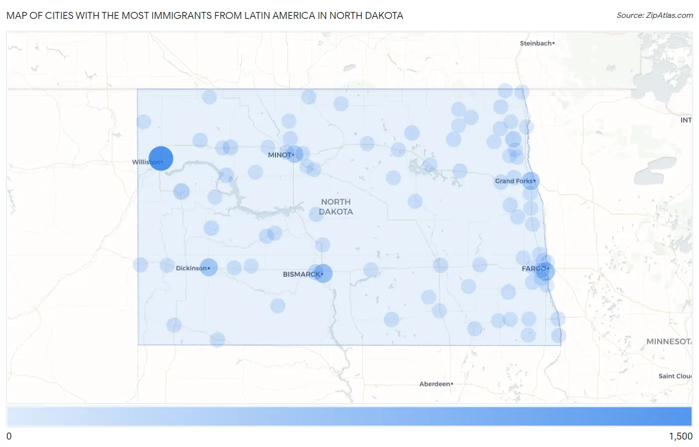 Cities with the Most Immigrants from Latin America in North Dakota Map