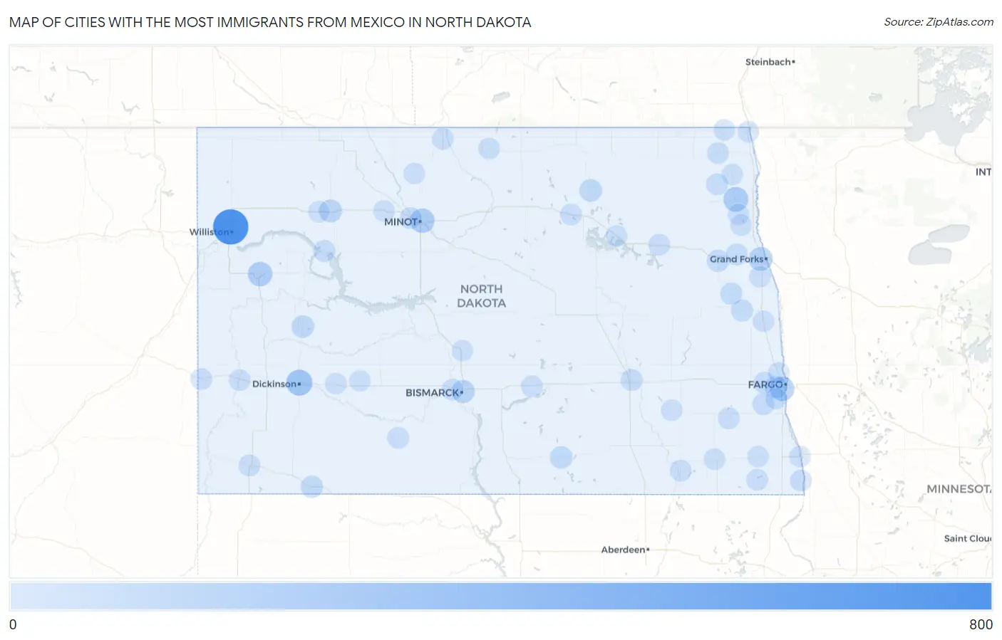Cities with the Most Immigrants from Mexico in North Dakota Map