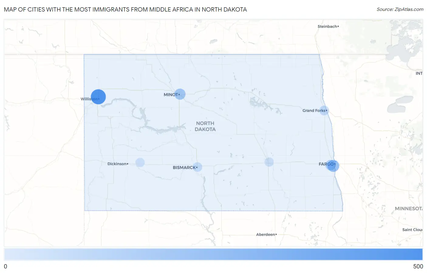 Cities with the Most Immigrants from Middle Africa in North Dakota Map