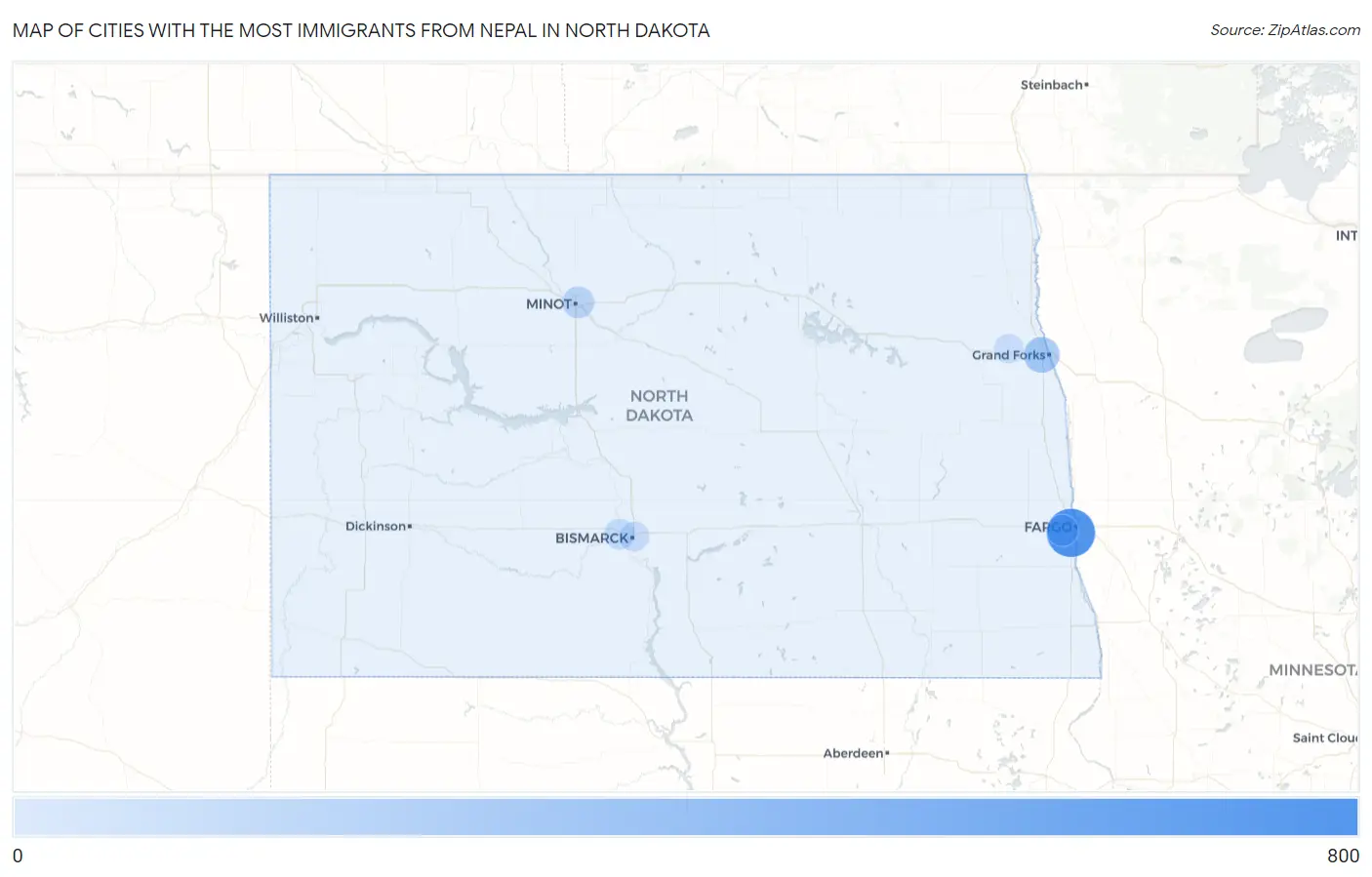 Cities with the Most Immigrants from Nepal in North Dakota Map