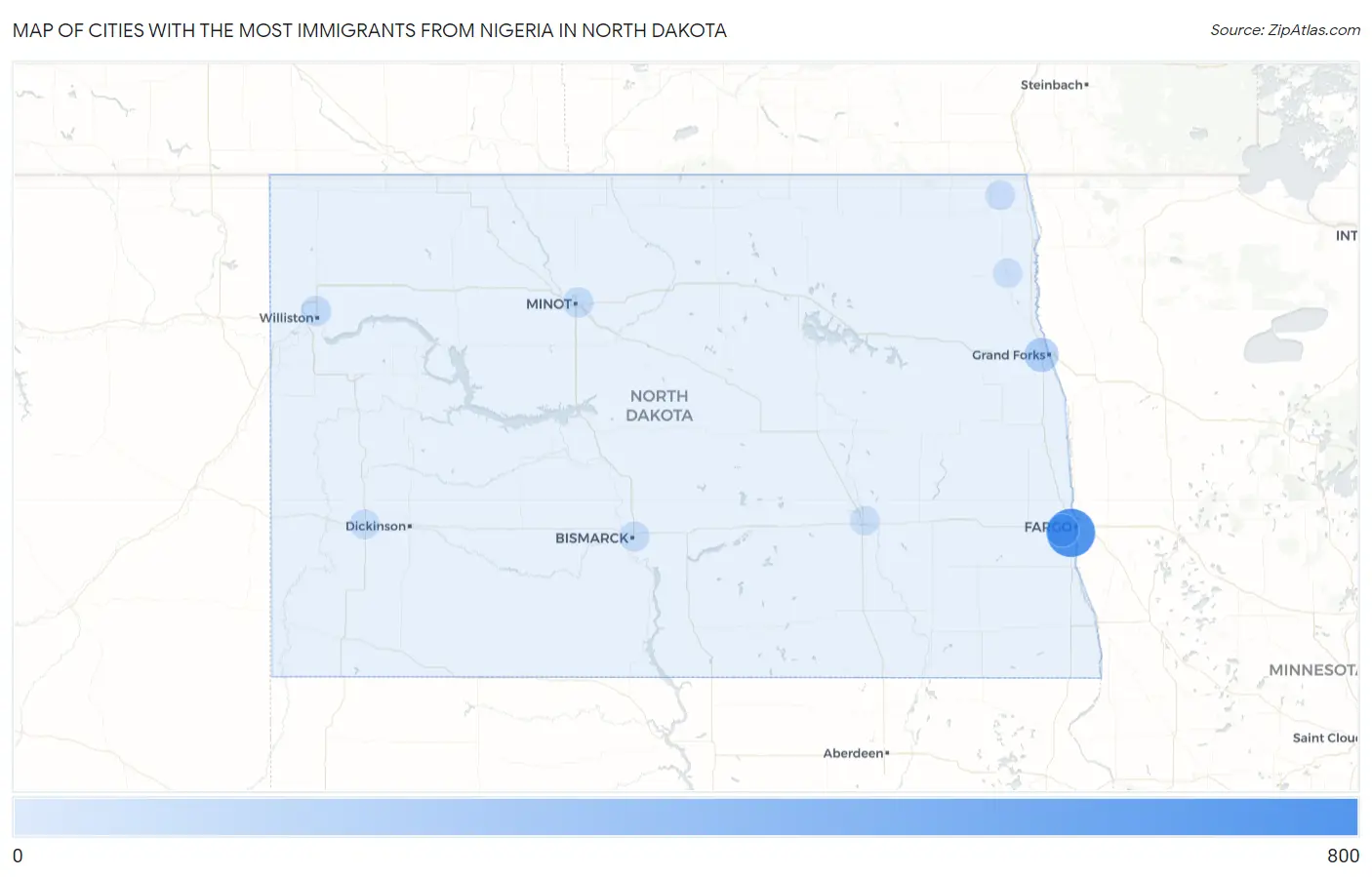 Cities with the Most Immigrants from Nigeria in North Dakota Map