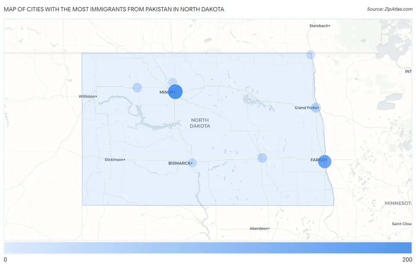 Cities with the Most Immigrants from Pakistan in North Dakota Map