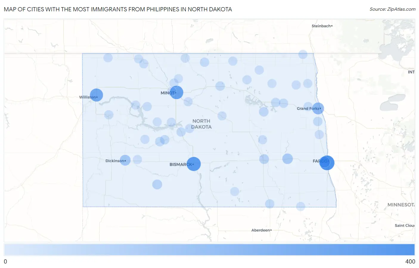 Cities with the Most Immigrants from Philippines in North Dakota Map