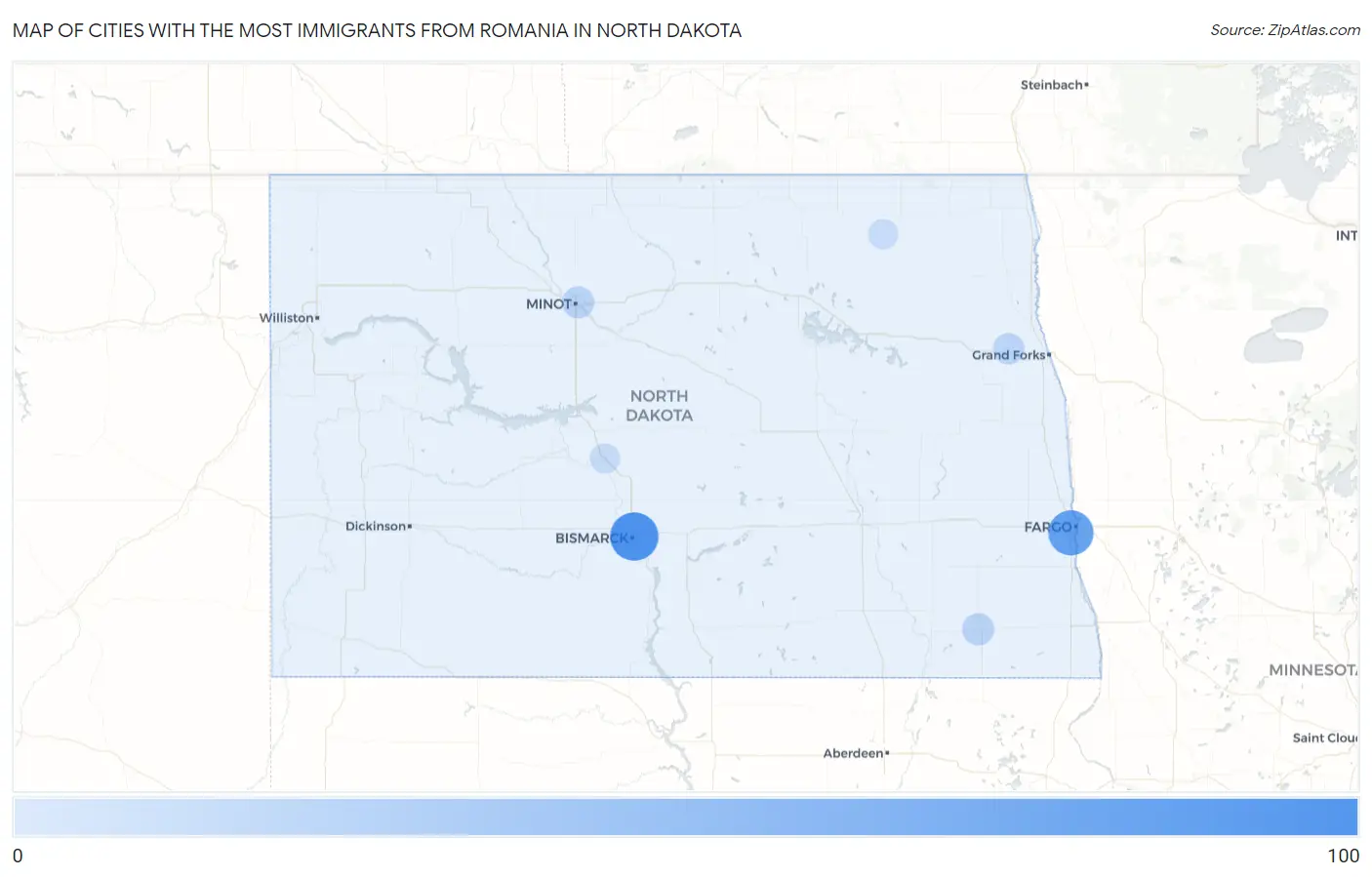 Cities with the Most Immigrants from Romania in North Dakota Map