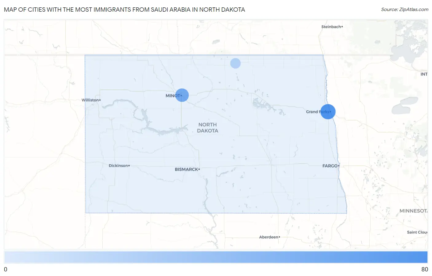 Cities with the Most Immigrants from Saudi Arabia in North Dakota Map