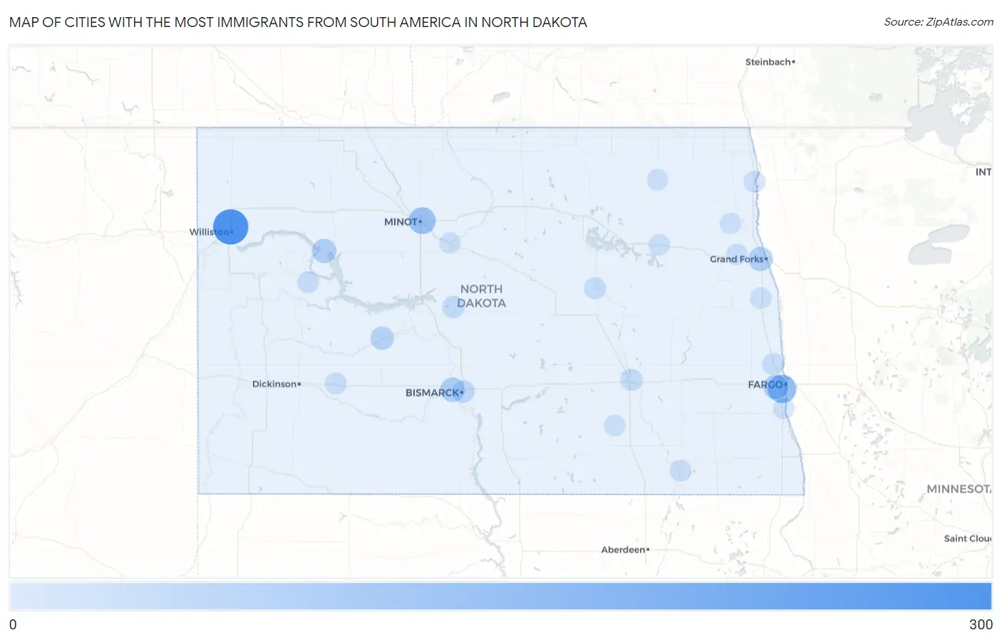 Cities with the Most Immigrants from South America in North Dakota Map