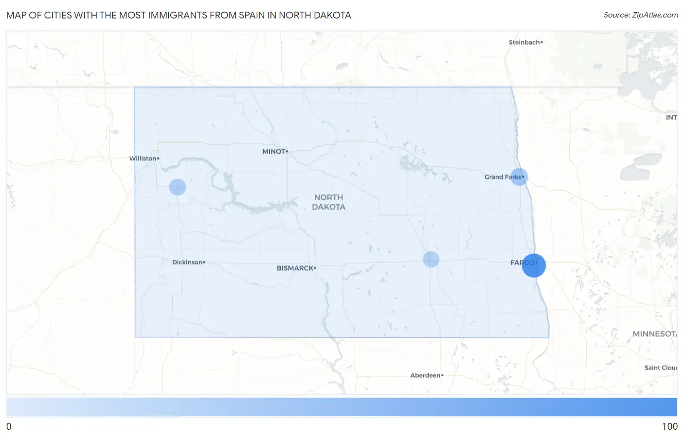 Cities with the Most Immigrants from Spain in North Dakota Map