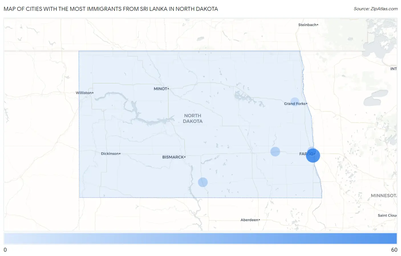 Cities with the Most Immigrants from Sri Lanka in North Dakota Map