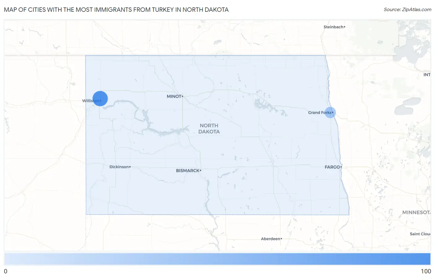 Cities with the Most Immigrants from Turkey in North Dakota Map
