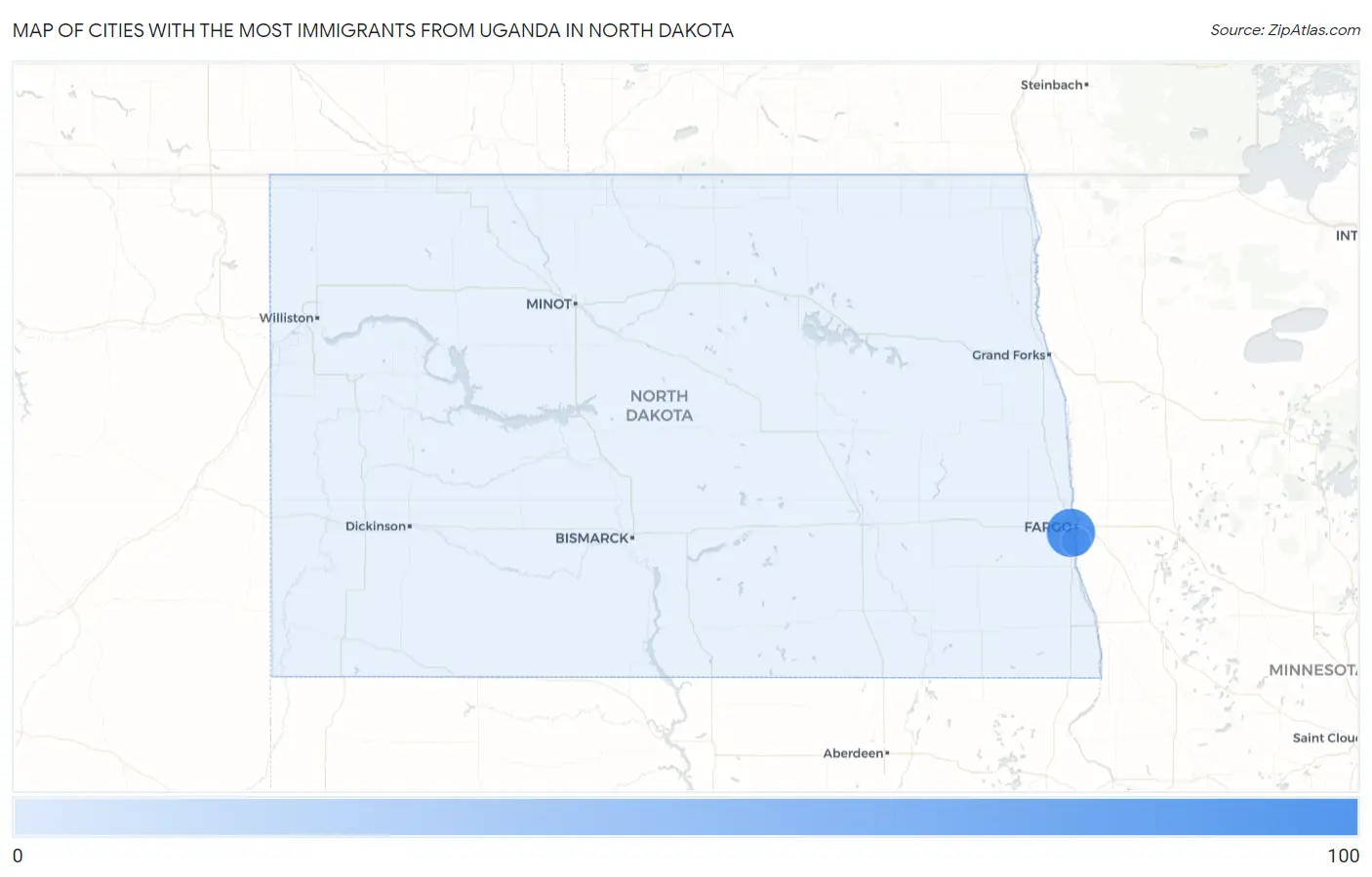 Cities with the Most Immigrants from Uganda in North Dakota Map
