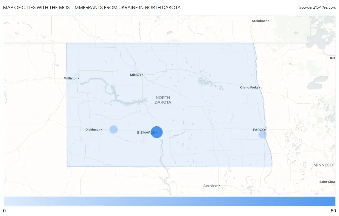 Cities with the Most Immigrants from Ukraine in North Dakota Map