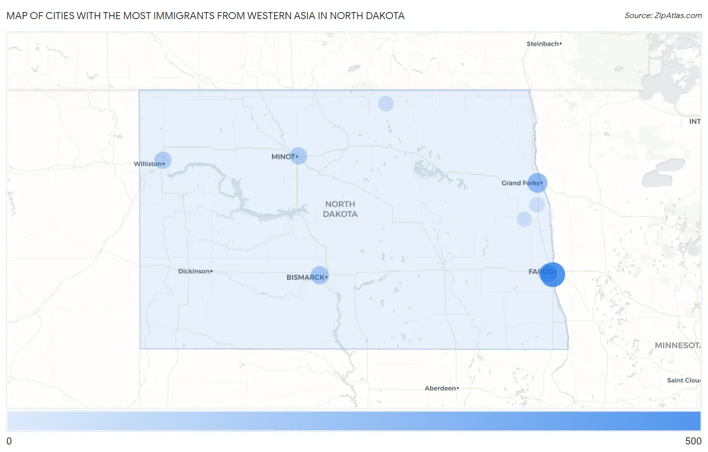 Cities with the Most Immigrants from Western Asia in North Dakota Map
