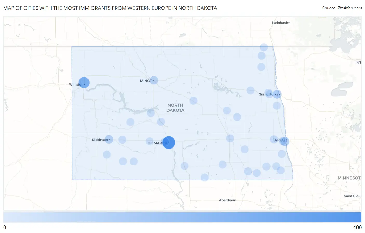 Cities with the Most Immigrants from Western Europe in North Dakota Map