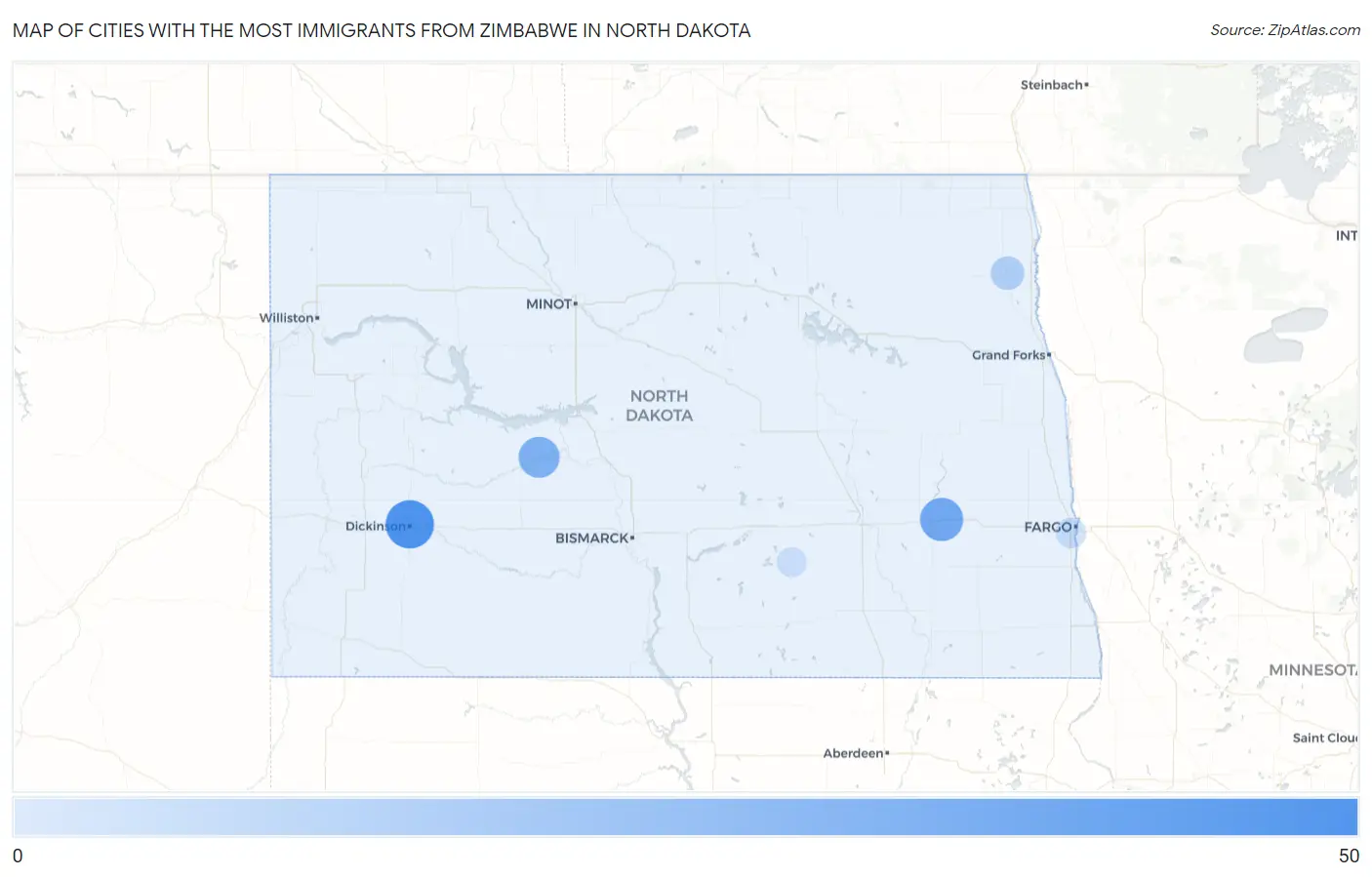 Cities with the Most Immigrants from Zimbabwe in North Dakota Map