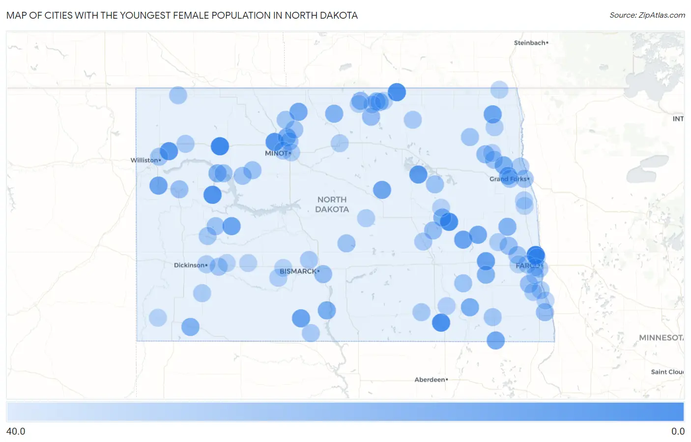 Cities with the Youngest Female Population in North Dakota Map
