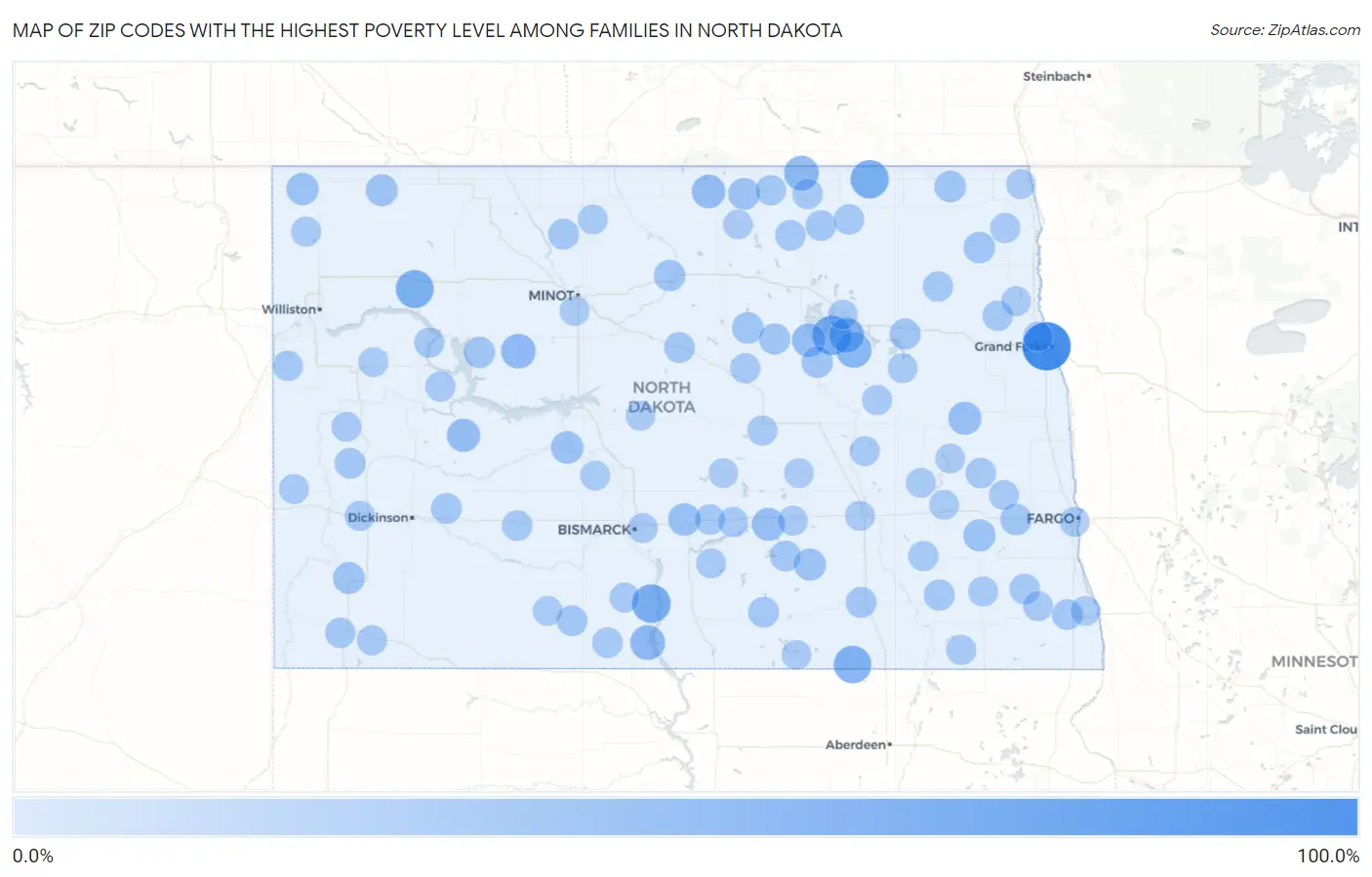 Zip Codes with the Highest Poverty Level Among Families in North Dakota Map