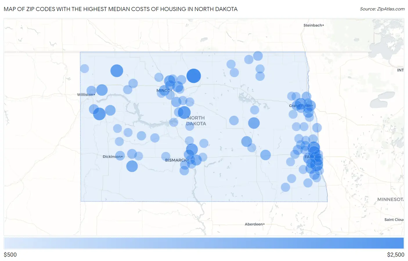 Zip Codes with the Highest Median Costs of Housing in North Dakota Map