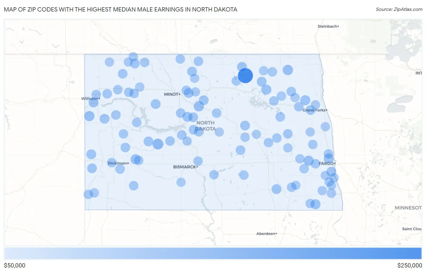 Zip Codes with the Highest Median Male Earnings in North Dakota Map