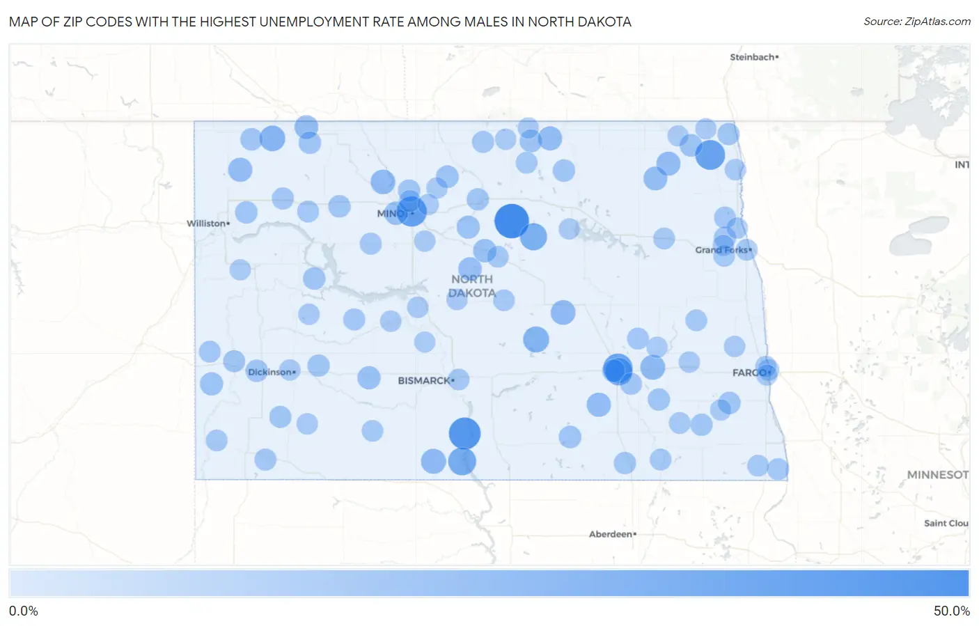 Zip Codes with the Highest Unemployment Rate Among Males in North Dakota Map