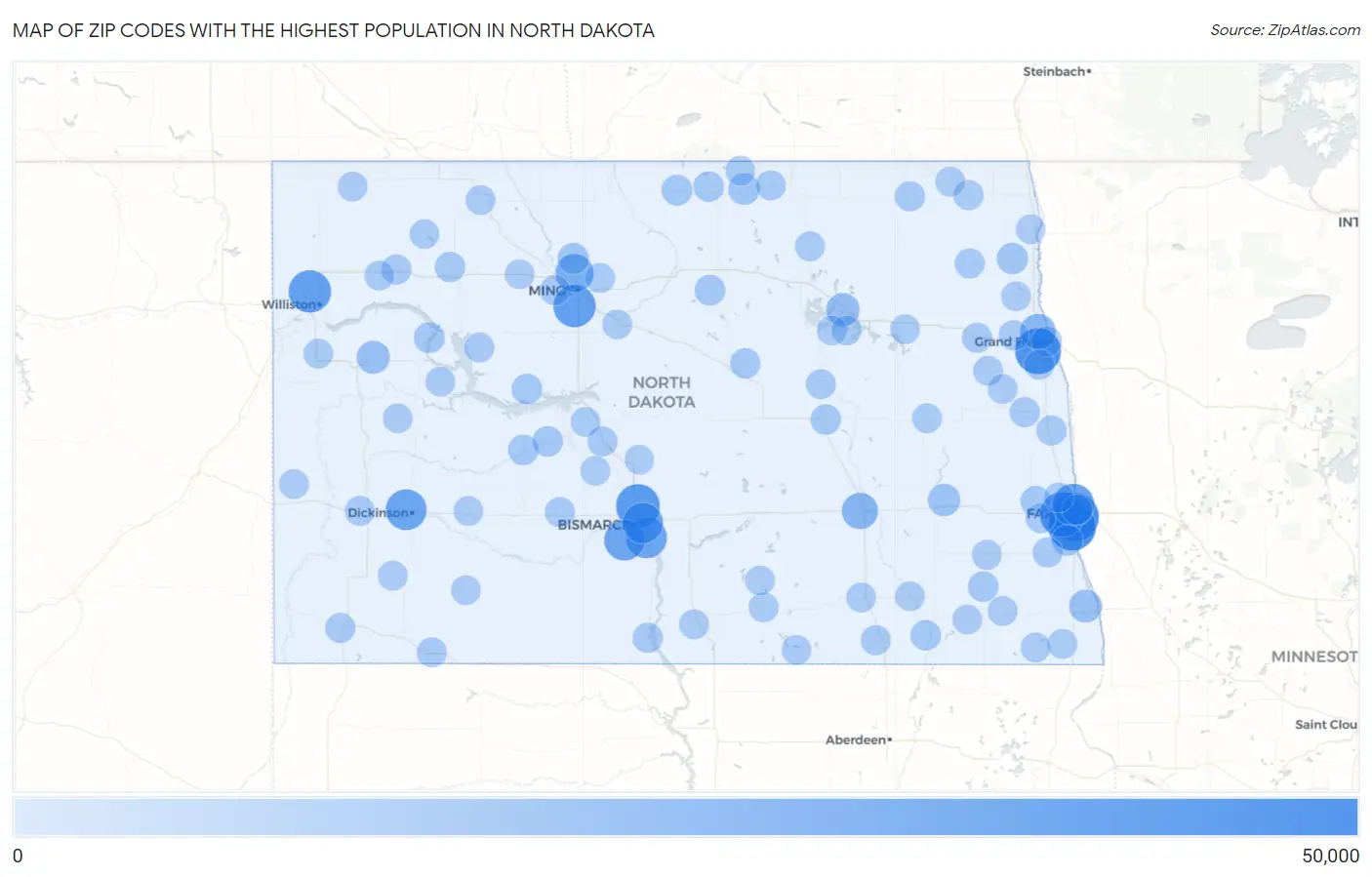 Zip Codes with the Highest Population in North Dakota Map