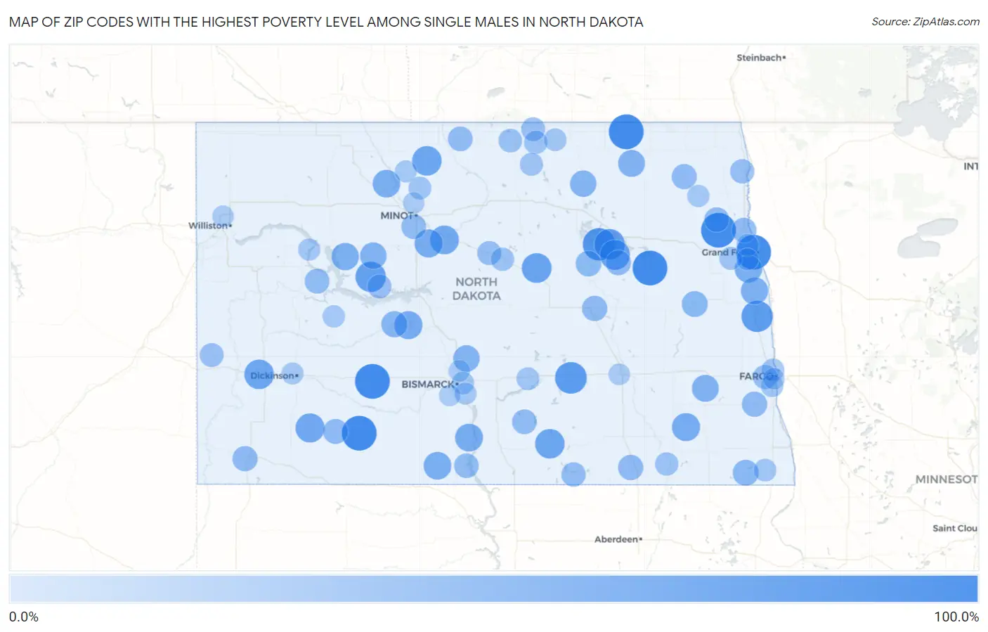 Zip Codes with the Highest Poverty Level Among Single Males in North Dakota Map