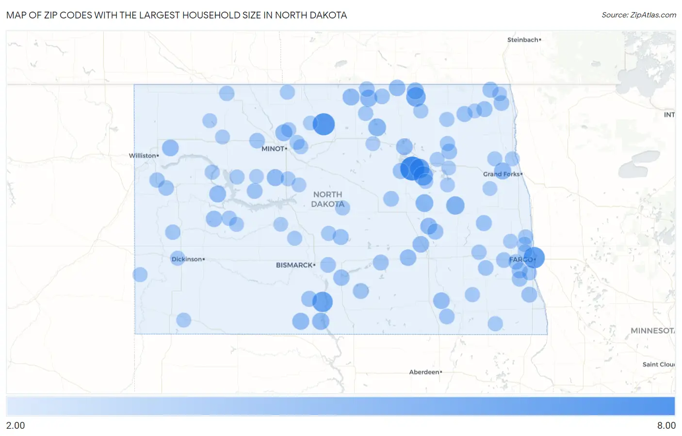 Zip Codes with the Largest Household Size in North Dakota Map
