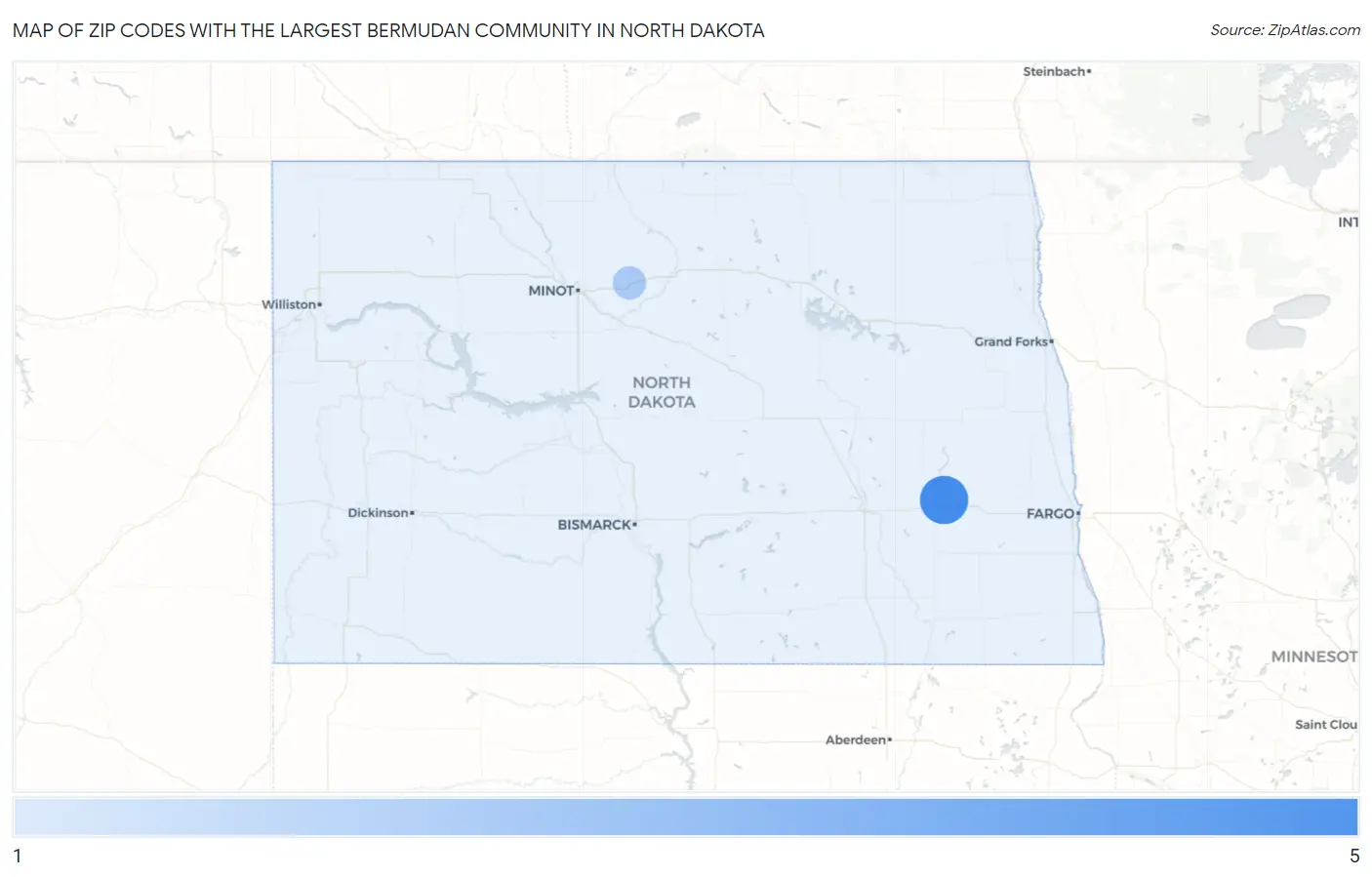 Zip Codes with the Largest Bermudan Community in North Dakota Map