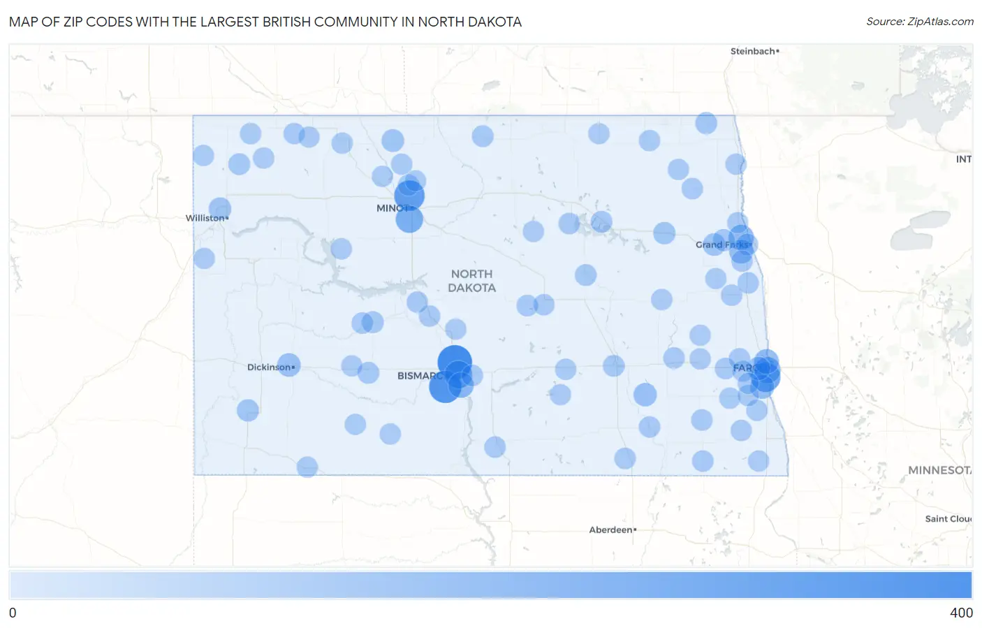 Zip Codes with the Largest British Community in North Dakota Map
