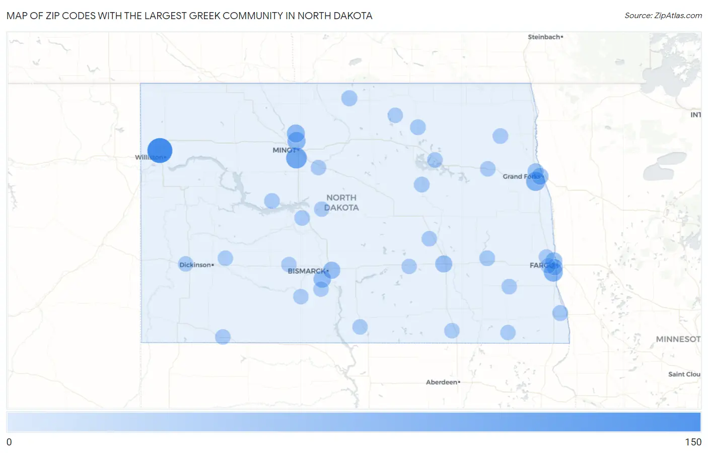 Zip Codes with the Largest Greek Community in North Dakota Map