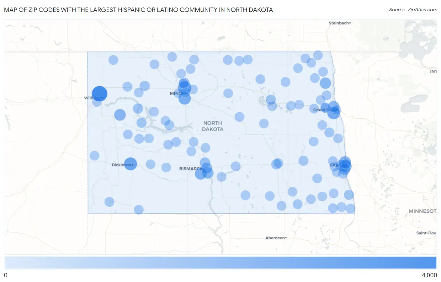 Zip Codes with the Largest Hispanic or Latino Community in North Dakota Map