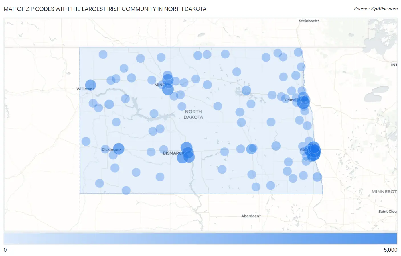 Zip Codes with the Largest Irish Community in North Dakota Map