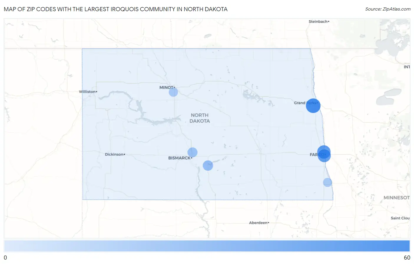 Zip Codes with the Largest Iroquois Community in North Dakota Map