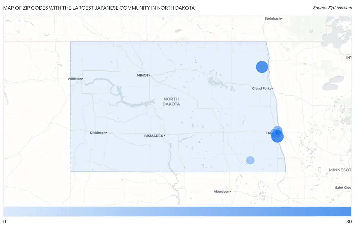 Zip Codes with the Largest Japanese Community in North Dakota Map