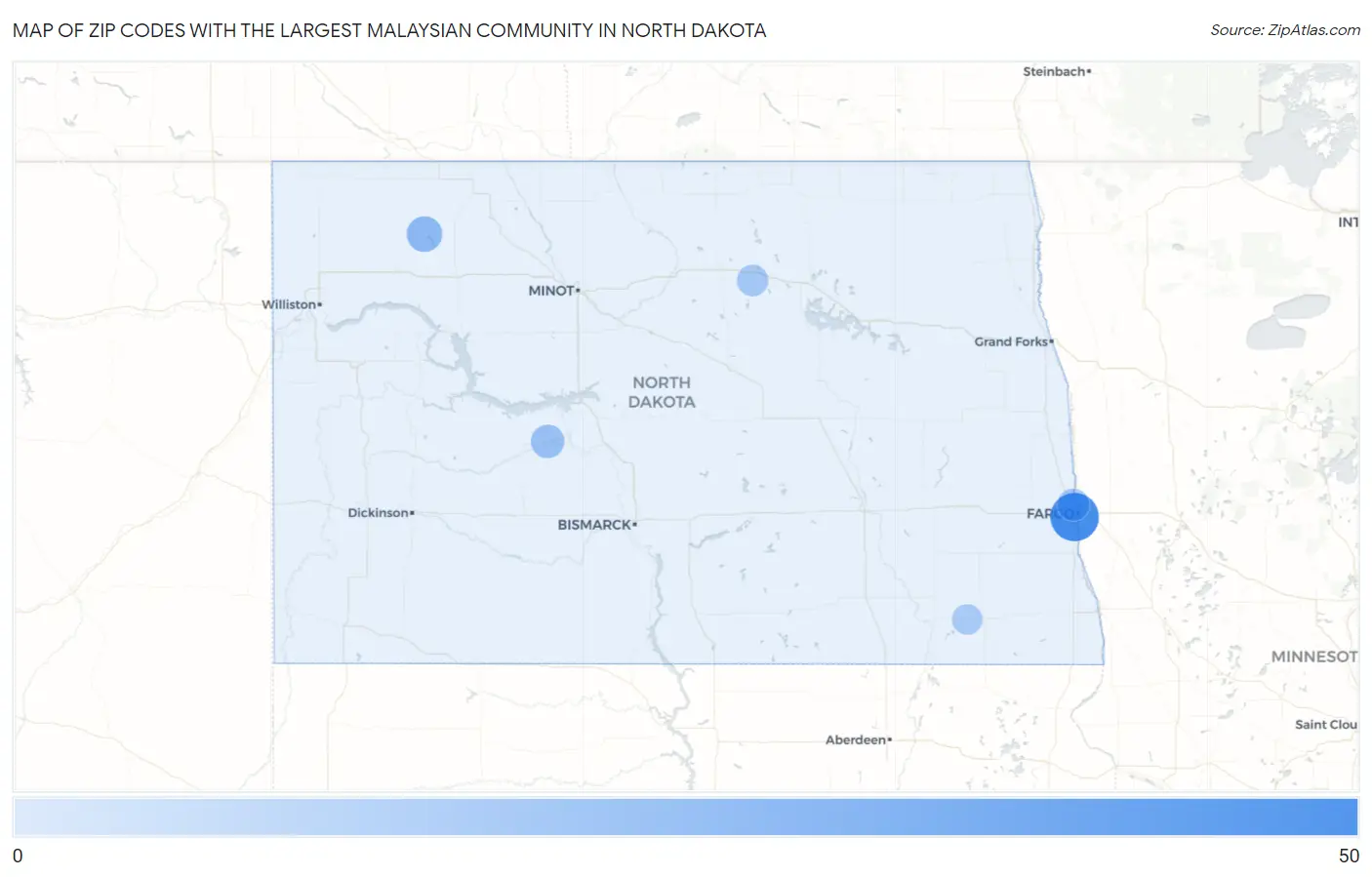 Zip Codes with the Largest Malaysian Community in North Dakota Map