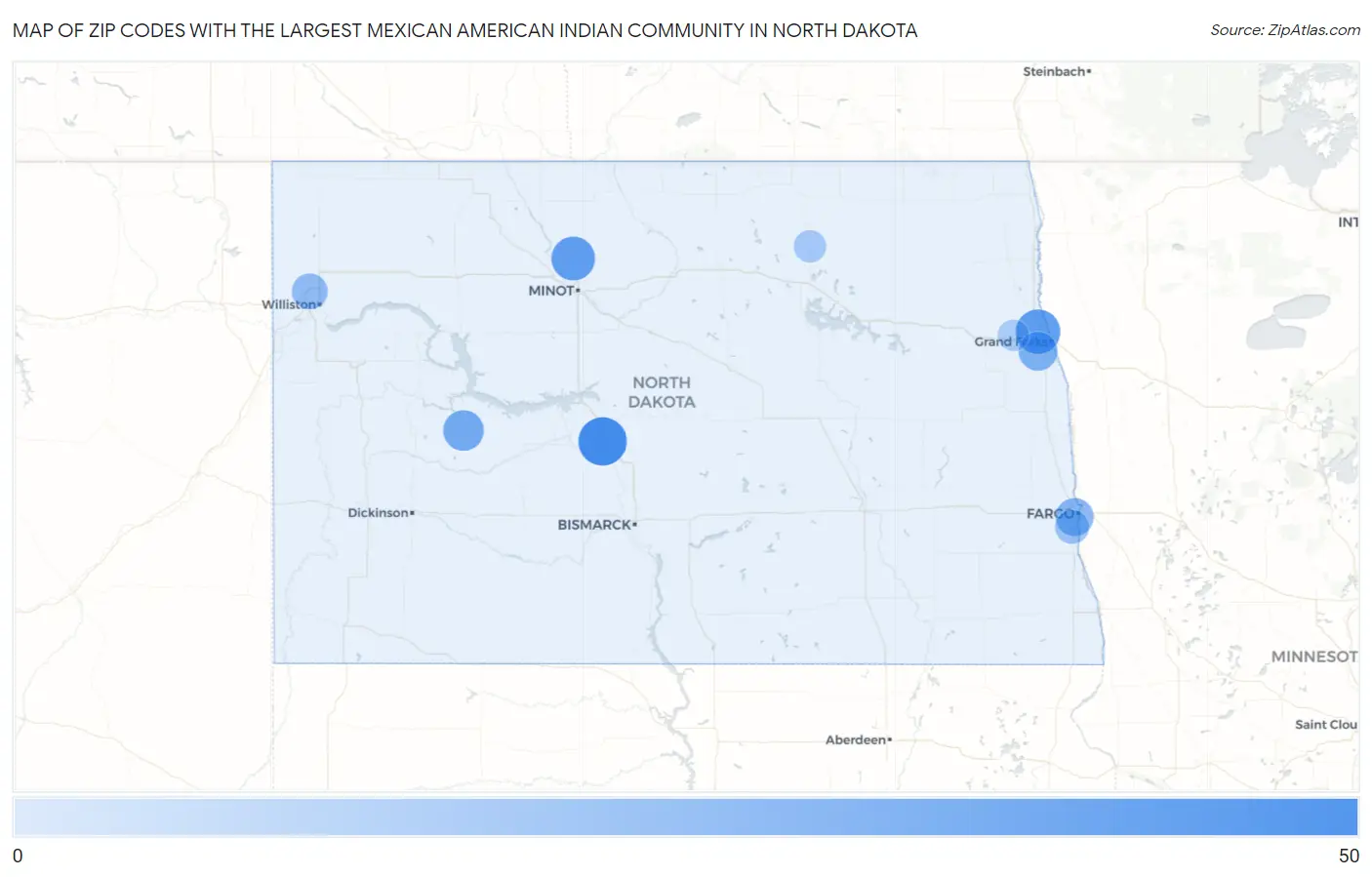 Zip Codes with the Largest Mexican American Indian Community in North Dakota Map