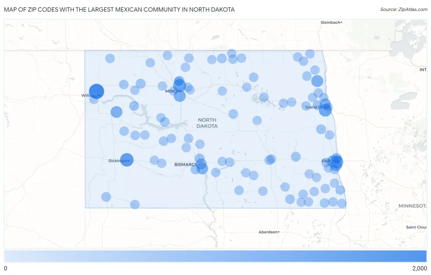 Zip Codes with the Largest Mexican Community in North Dakota Map
