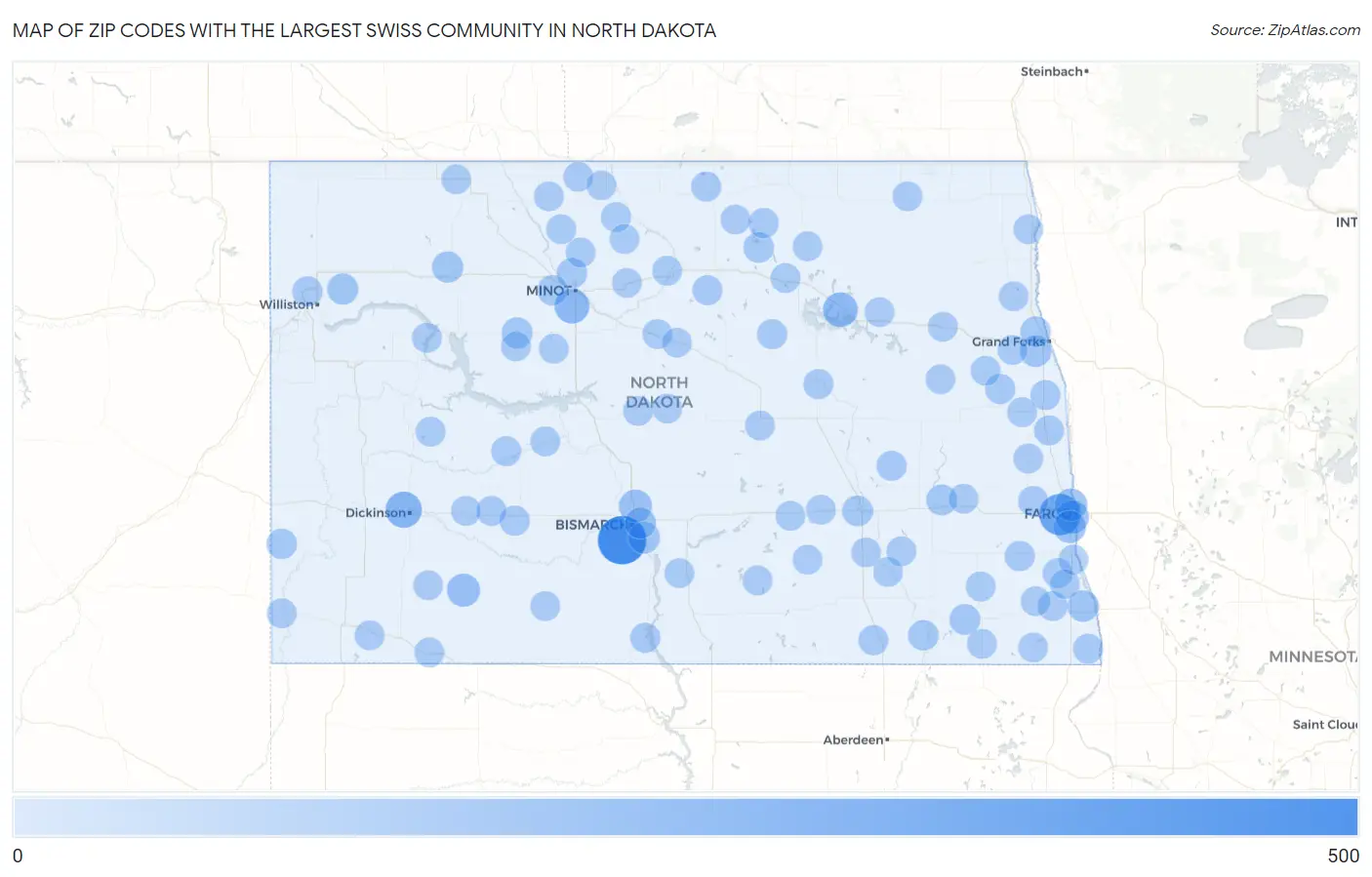 Zip Codes with the Largest Swiss Community in North Dakota Map