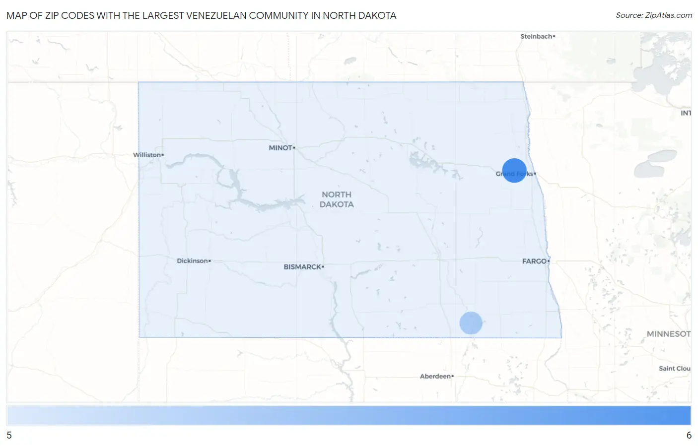 Zip Codes with the Largest Venezuelan Community in North Dakota Map