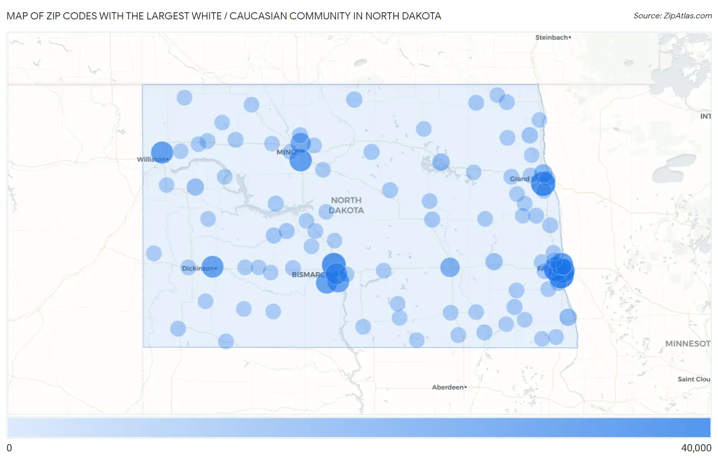 Zip Codes with the Largest White / Caucasian Community in North Dakota Map