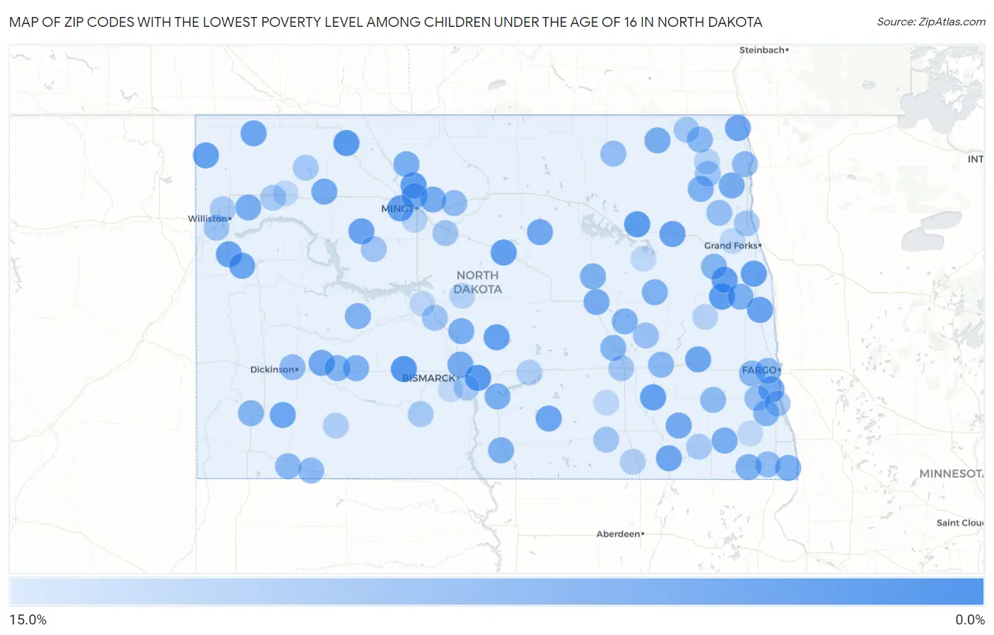 Zip Codes with the Lowest Poverty Level Among Children Under the Age of 16 in North Dakota Map