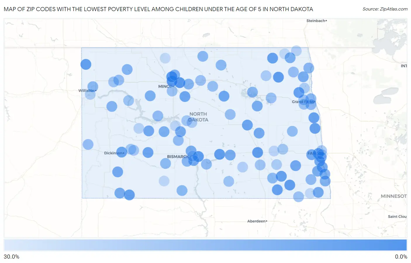 Zip Codes with the Lowest Poverty Level Among Children Under the Age of 5 in North Dakota Map