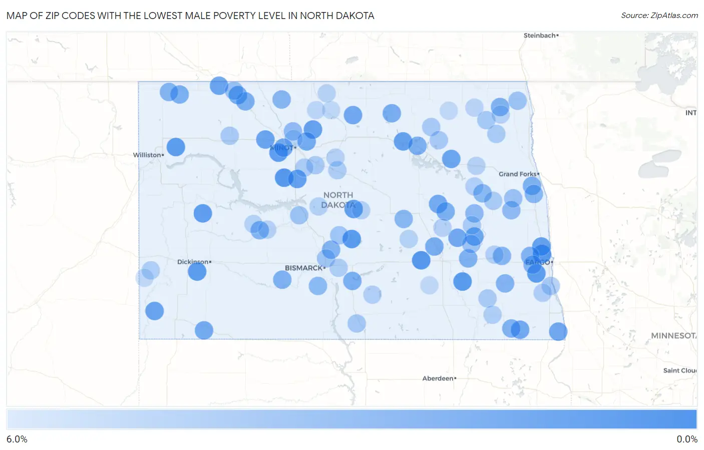 Zip Codes with the Lowest Male Poverty Level in North Dakota Map