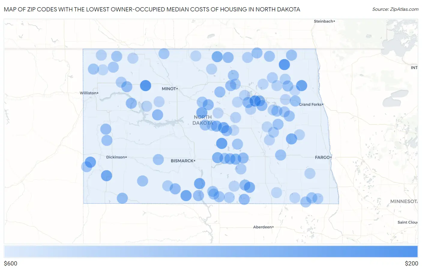 Zip Codes with the Lowest Owner-Occupied Median Costs of Housing in North Dakota Map