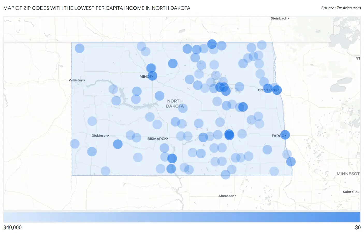 Zip Codes with the Lowest Per Capita Income in North Dakota Map
