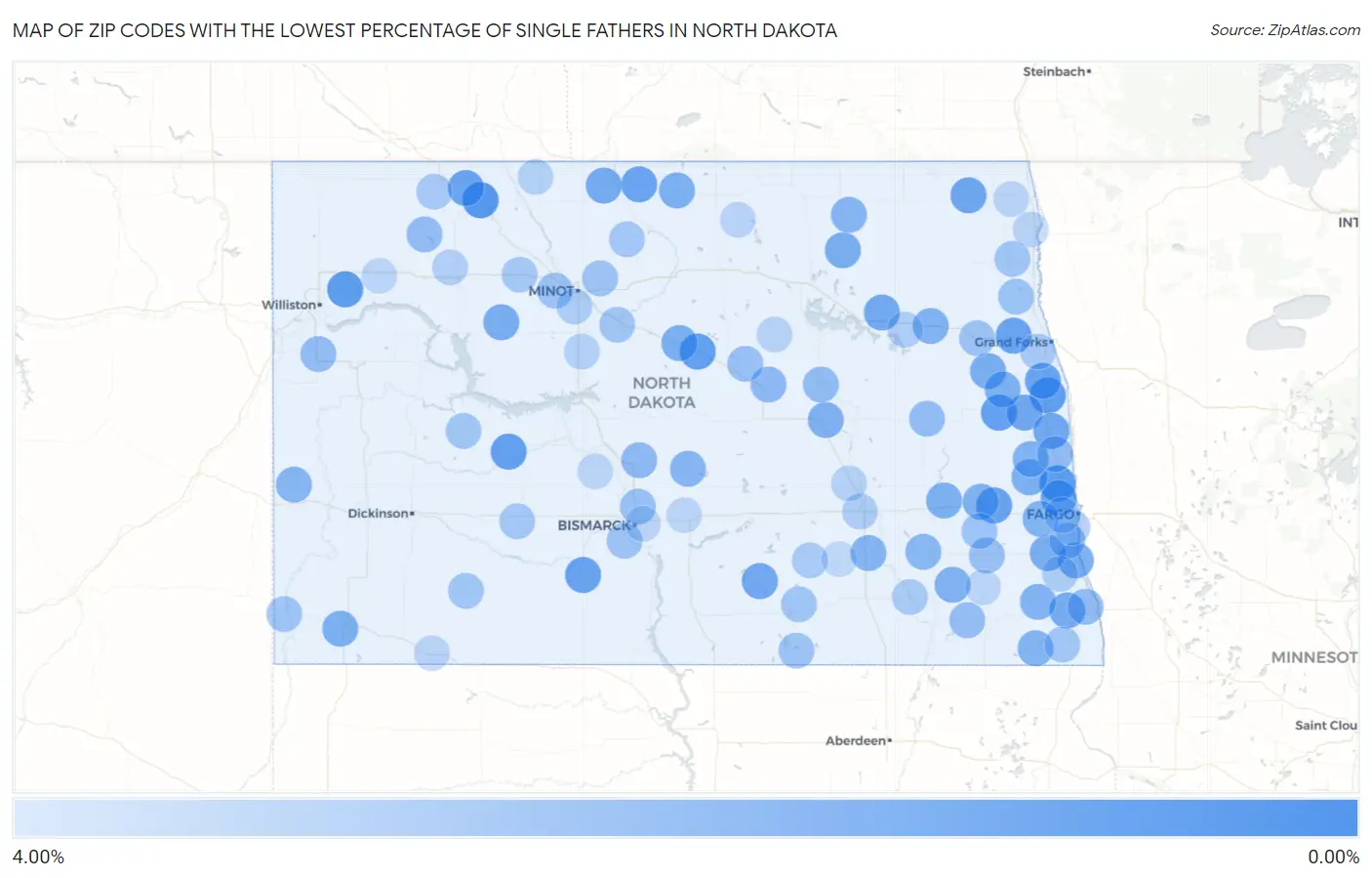 Zip Codes with the Lowest Percentage of Single Fathers in North Dakota Map