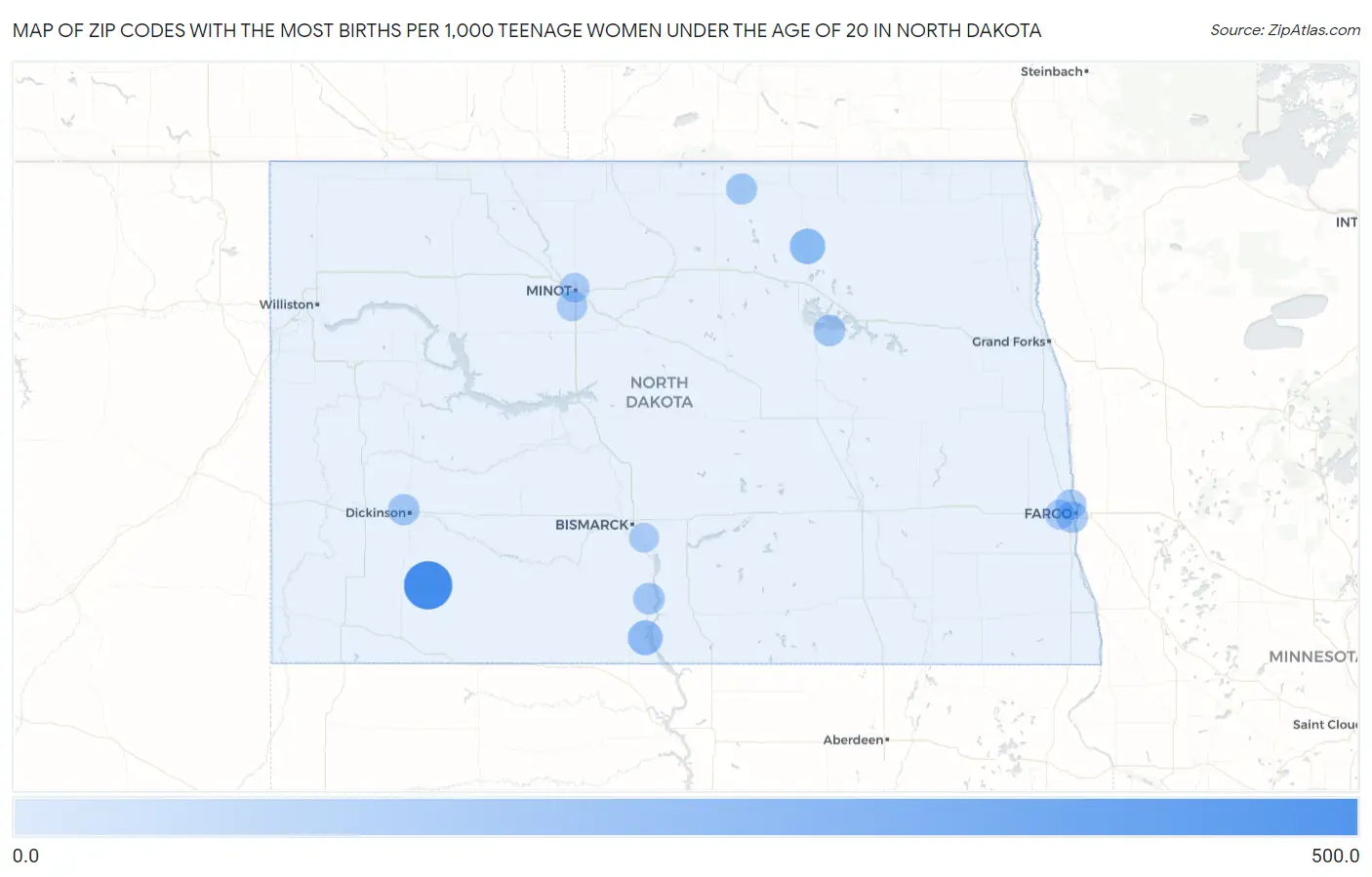Zip Codes with the Most Births per 1,000 Teenage Women Under the Age of 20 in North Dakota Map