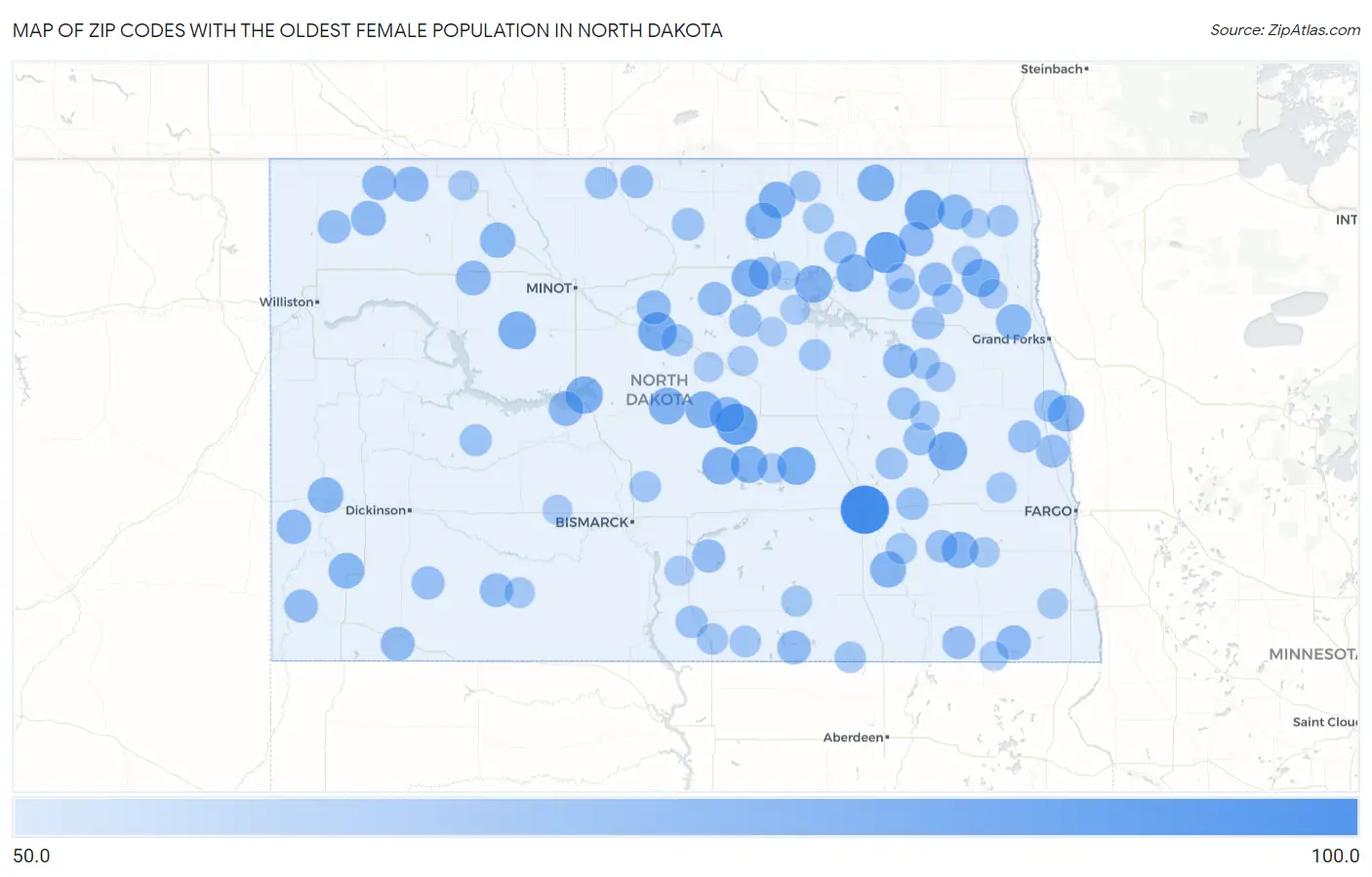 Zip Codes with the Oldest Female Population in North Dakota Map